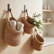 3PCS Hanging Woven Basket Set With 3 Sizes, Boho Rope Crochet Wall Hanging Storage Baskets With Hanging Loops, Decorative Multipurpose Space Saving Wall Organizer For Bathroom Bedroom Living Room Kitchen Entryway Plants Towels - Khaki - View 1