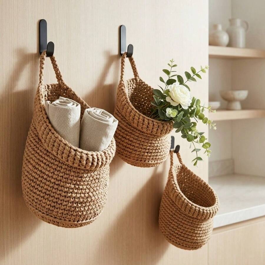 3PCS Hanging Woven Basket Set With 3 Sizes, Boho Rope Crochet Wall Hanging Storage Baskets With Hanging Loops, Decorative Multipurpose Space Saving Wall Organizer For Bathroom Bedroom Living Room Kitchen Entryway Plants Towels - Khaki - View 1