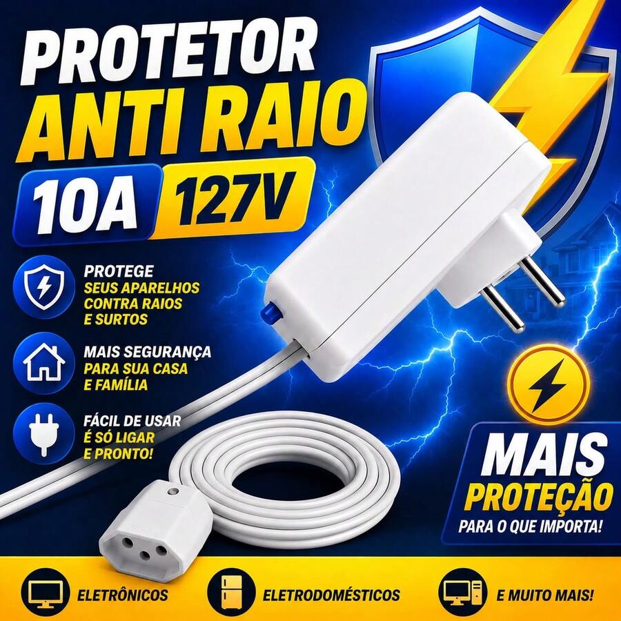 PROTETOR  GELADEIRA FREEZER ELETRO ANTI RAIO COM EXTENSAO 50CM - DPS - SURTOS - PICOS DE TENSAO - FUSIVEL 127V 10A