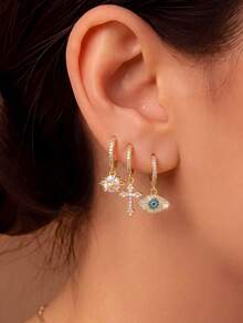 3pcs Minimalist Fashion Star, Cross, Evil Eye Design Zirconia Ear Cuff Set, Halloween Holiday Accessories, Suitable For Party, Gathering, Date Wear, Exquisite Holiday Jewelry Gift - Earring Set - View 4