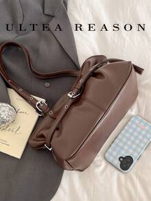 1pc Solid Color PU Leather New Women's Backpack, Shoulder Bag, Tote Bag, Fashion Square Handbag, Suitable For Commuting, Shopping, Dating - Brown - View 3