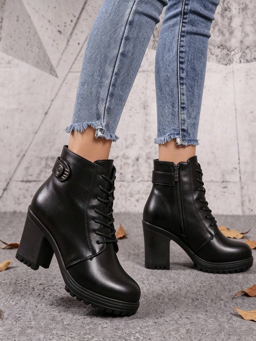 European And American Minimalist Fashion Autumn/Winter New Western-Style High Heel Ankle Boots With Metal Rhinestone Buckle Decor, Chunky Heel Thick Sole Boots Boots