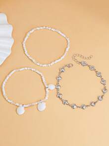 3pcs/Set Silver Multi-Layer Bohemian Style Shell & White Bead Anklet Set, Adjustable Summer Beach Foot Jewelry - Silver - View 4