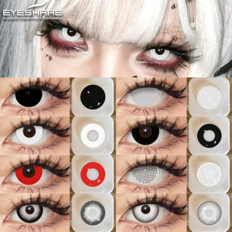 Eyeshare زوج واحد من عدسات الاتصال للتنكر باللون الأبيض للعيون، عدسات لعب الأدوار الأنمي، عدسات هالوين سوداء