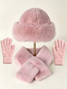 1 Set Women's Winter Bucket Hat + Plush Scarf + Knitted Full Finger Gloves Set, Warm Wool Lining, Solid Color Thick Design, Suitable For Outdoor Activities - Multicolor - View 5