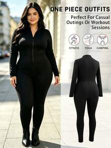 Plus Size Women's Fleece Lined Jumpsuit, Solid Black Zipper Stand Collar Long Sleeve High Elastic Slim Fit Jumpsuit - Black - View 4