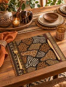 African Safari Patchwork Animal Print Table Runner, Pillow Case, Placemat, Bohemian Zebra Leopard Giraffe Pattern, Geometric Border Dining Table Party Kitchen Home Decor - Multicolor - View 4