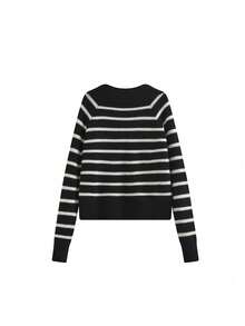 Autumn/Winter Korean Style Preppy Vintage Unique Striped Knit Sweater, Thick Versatile Casual Cardigan - Black - View 3