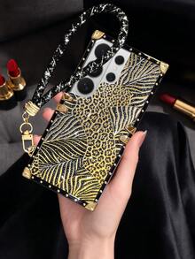 1件裝黑金豹紋熱燙金箔+3D凸起局部UV亮面搭配全息閃粉防摔時尚長方形手機殼，附黑色腕帶，歐美風，大鏡頭孔，奢華情人節禮物，防震，適用於Apple 18ProMax/18pro/17promax/17/16 15 14 13 Promax/15 14 Plus，適用於 Galaxy S26Ultra/S26 Plus/S26/S26FE/S25 Ultra/S25+FE/A57 5G/A56/A37/A36/A17/A16/A27 - 黑金色燙金浮雕閃粉+手繩 - 查看 3
