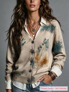 ASHKATIA Women's Plus Size Knit V-Neck Cardigan, Floral Contrast Print Pattern, Skin-Friendly Sweater Top, Bohemian Style, Autumn/Winter - Multicolor - View 8