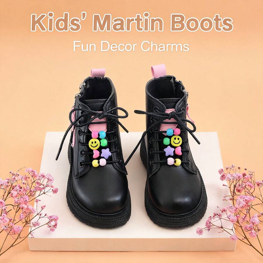 Cute Little Girl Heart Pattern Ankle Boots, Sweet Pink Detail Side Zipper Lace-Up Non-Slip Thick Sole Combat Boots, Suitable For Autumn/Winter - Black - View 1