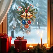 2/1pc Christmas Pine Branch Bell Colorful Ball Window Decals, Suitable For Kitchen, Dining Room And Other Window Surface Decoration, Removable Vinyl Window Stickers - A - View 1
