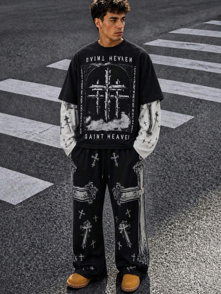 Zrgoth Men's American Vintage Distressed Cross Gothic Set, 2 In 1 Long Sleeve T-Shirt + Wide Leg Pants, American Vintage Streetwear Two Pieces Set - Black - View 1