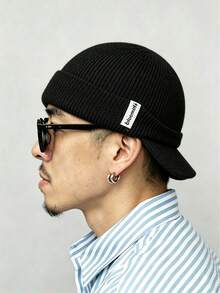 1pc Men's Thick Ribbed Knit Hat With Brim, Warm Knitted Earflap Baseball Cap, Soft Knit, Suitable For Outdoor Sports - Solid Color Sew-on Label - View 1
