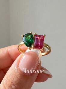 MADEONE 1pc Shiny Green Zirconia Pear-Shaped Ring, Women's Engagement Wedding Party Daily Wear Anniversary Jewelry Gift - Rose Red Green Diamond - View 2