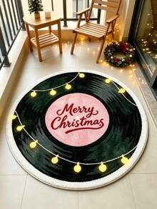 1pc Dark Green Pink Heart English Merry Christmas Vinyl Record Round Rug, Christmas, Small Rug, Welcome Mat, Carpet, Floor Mat, Outdoor Doormat, Kitchen Rug, Home Decor, Front Door Mat, Area Rug, Outdoor Mat, Home Decor, Area Carpet, Garden Rug, Washable Rug - Multicolor - View 3
