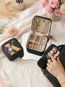 Letter PU Leather Portable Travel Jewelry Storage Box For Women, Stores Necklaces And Rings,Gift Ideas,Suitable For Home Storage And Commuting. - Flowers Letter 2 - View 3