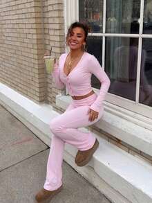 Casual Round Neck Button Long Sleeve Cinched Waist Pants Set - Pink - View 4