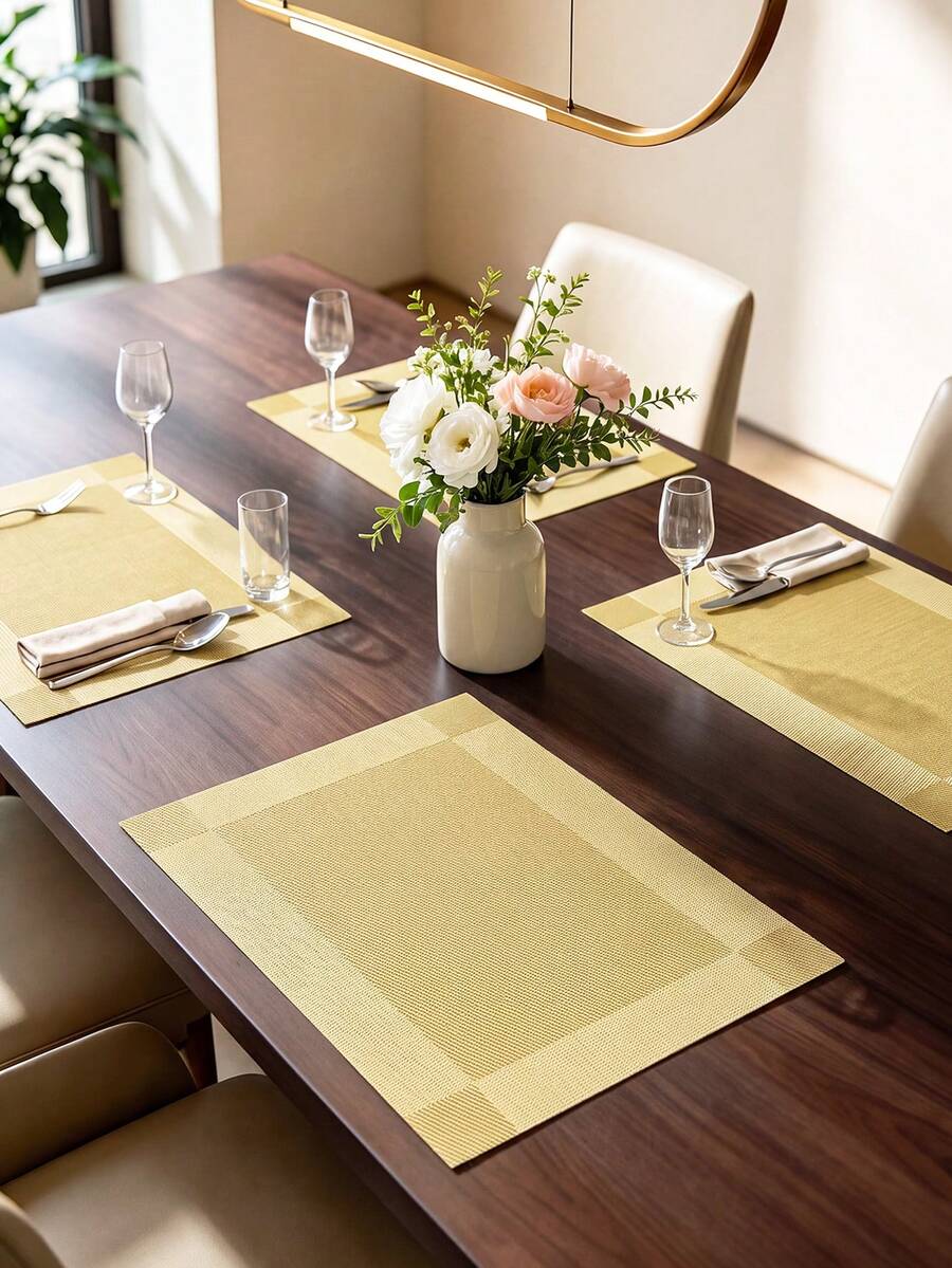 1-12pcs Gold PVC Rectangular Placemats, Minimalist Style Coffee Cup Coasters, Washable, Easy To Clean, Wipeable, Non-Slip, Heat Resistant, Suitable For Room Decor, Table Decor, Home Decor, Party Decor, Suitable For Holidays, Parties, Gatherings, Birthdays, Weddings, Gifts, Presents, Dinners, Outdoor, Picnics. - Multicolor - View 1