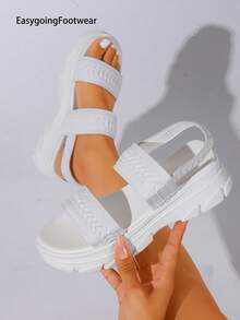 Ladies Casual Slip-On Thick Bottom Platform Sandals With Elastic Strap - White - View 3