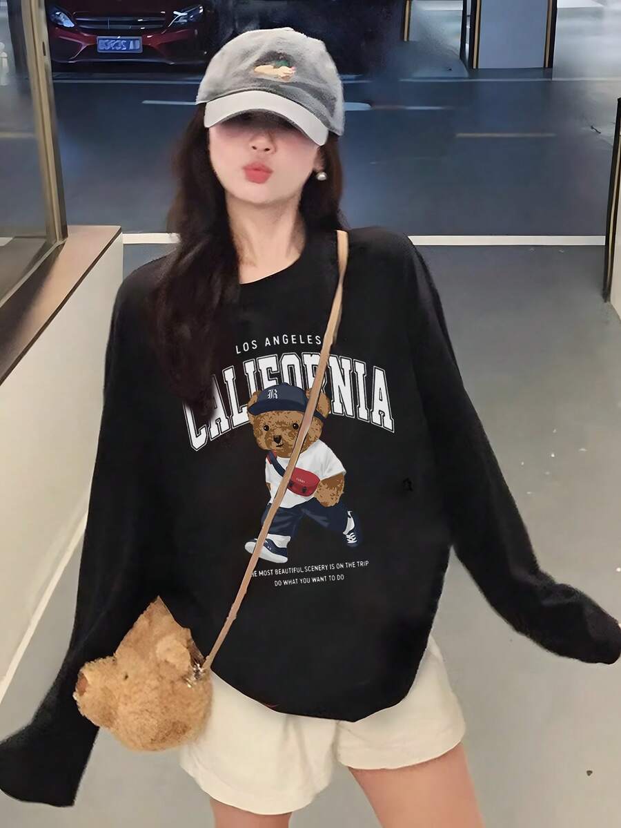 Women's Fashion Autumn/Winter Loose Minimalist Versatile Cartoon Bear Print Long Sleeve T-Shirt - Black - View 1