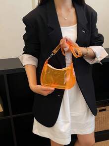 女款透明PVC腋下包 夏季果凍包 清爽單肩包 百搭Ins風極簡透明斜挎小包（拉鍊顏色隨機） - 橘色 - 查看 6