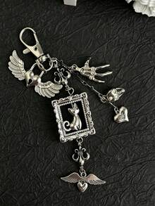 1PC Heart Wing Keychain Multi-Element Keyring Vintage Cat Personalized Bag Charm Accessory - Multicolor - View 2
