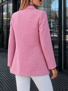 Women's Elegant Preppy Double-Breasted Blazer, Loose Fit, Exquisite Commuter Style Classic Pocket Outerwear - Pink - View 3