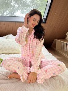 Sweet Pink Plaid Floral Woven Pajama Set, Ruffle Lantern Sleeve Button-Up Top + Long Pants, Autumn/Winter Home Sleepwear - Pink - View 3