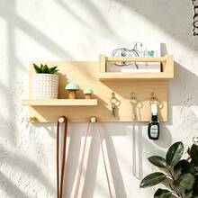 Wood Wall‑Mounted Key Holder With Dual Display Shelves & Multi‑Hooks, Room Decor, Bedroom Decor For Bedroom Kitchen Bathroom, Multifunctional Wall Hanging Organizer For Bags Photo Small Decor, Practical Home Decor For Entryway Wall Decoration - View 9