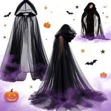 4pcs Halloween Dark Gothic Hooded Tulle Shawl Set, Vintage Lace Choker, Earrings, Party Accessories - Black - View 4