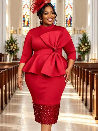 Vestido Midi Bodycon Vermelho Plus Size com Peplum, Gola Alta, Decoração de Laço 3D, Bainha com Lantejoulas, Manga 3/4, Elegante, Formal, para Igreja, Casamento, Festa e Noite