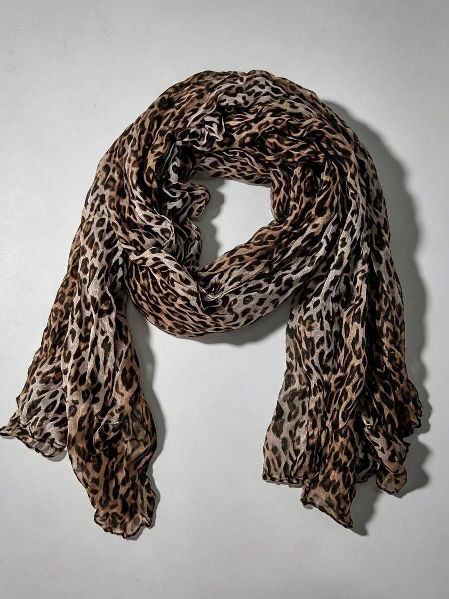 Women's Pleated Leopard Print Long Scarf, Vintage Lightweight Sun Protection Shawl, Suitable For Daily Wear And Early Autumn - Multicolor - View 1