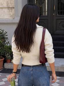 Senya 女款秋冬新款翻領拉鍊針織開襟衫，長袖短版休閒日常通勤毛衣外套上衣 - 杏色 - 查看 6