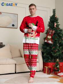 Ailiya 2pcs Men's Christmas New Pajama Set, Reindeer Print, Long Sleeve Crew Neck Top And Full Floral Pants, Comfortable Fit, Suitable For Autumn/Winter - Multicolor - View 5