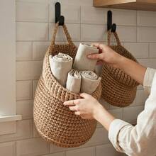 3PCS Hanging Woven Basket Set With 3 Sizes, Boho Cotton Rope Wall Hanging Storage Baskets, Decorative Space Saving Wall Organizer For Bathroom Bedroom Living Room - Khaki - View 4