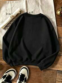 Women's Plus-Size Fashionable Casual Crew Neck Sweatshirt, Featuring Habibti Arabic Script Moon Lantern Graphic Print, Suitable For Autumn And Winter. - Black - View 2