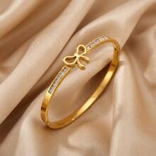 4/1pcsSweet Luxury Gold‑Tone Stainless Steel Bangle Set, Radiate Your Understated Elegance - Gold - View 7