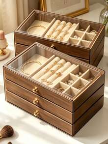 1pc Luxury Black Walnut Wood Jewelry Box, 3-Layer Wooden Jewelry Storage Box, Drawer-Style Jewelry Box, Transparent Acrylic Jewelry Storage Box, Classic Style - Multicolor - View 7