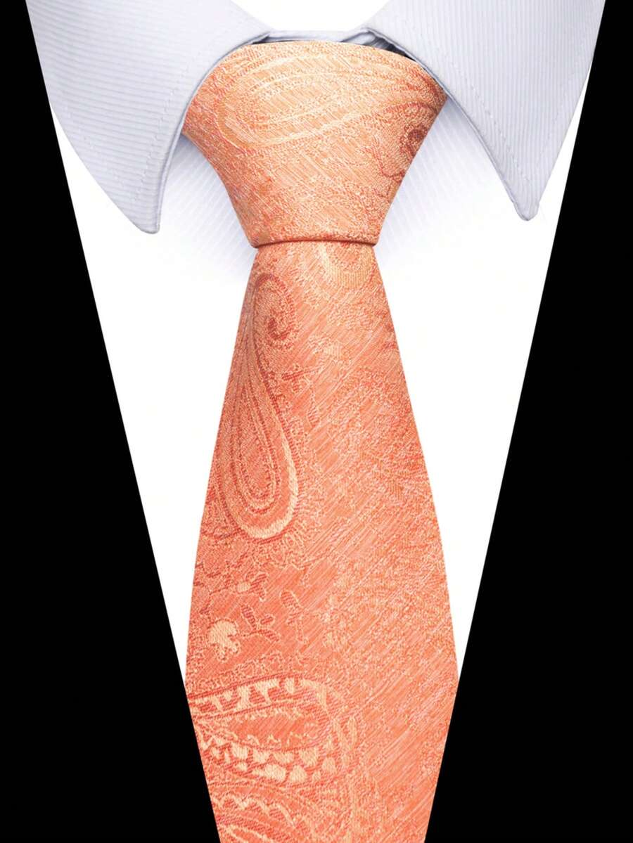 AlanKing 1pc Paisley Ditsy Floral Tie For Men, 8cm, Suitable For Holiday, Wedding, Work - Coral Orange - View 1