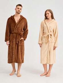 1pc Hooded Couple Bathrobe Long Warm Loose Fit Unisex Solid Color Minimalist Thickened Home Robe - Multicolor - View 3