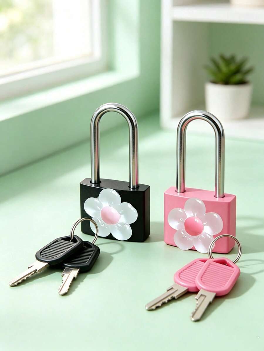 Metal Mini Padlock With Cute Translucent Flower Decoration, Comes With 2 Keys, No Assembly Required, Metal Key Padlock For Luggage, Pencil Case, Backpack, School Gym & Sports Cabinet, Fence, Toolbox, Travel Accessories - Multicolor - View 1