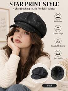 1pc Vintage Fashion Versatile Star Beret Hat, Large Head Circumference, Face-Flattering, Versatile Small Octagonal Hat - A - View 1