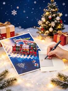 Personalized 3D Pop-Up Christmas Card (Includes Envelope & Message Card) Vintage Fireplace Santa Claus Reading Letter Design, Foldable Premium Paper Craft, Holiday Greeting Card, Suitable For Family, Relatives & Friends, Christmas Table Decor, Holiday Christmas Keepsake Gift, For Holiday Greetings - Single Piece - View 1