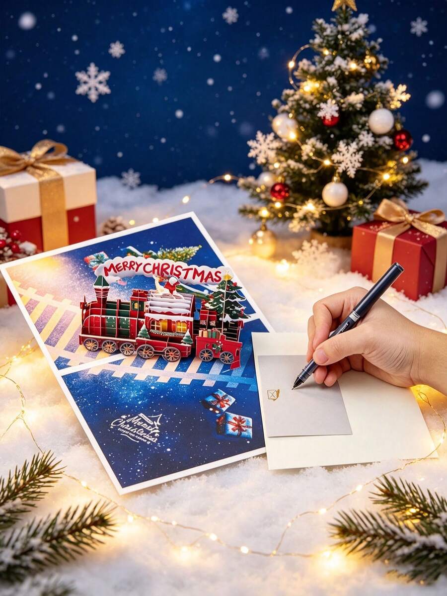 Personalized 3D Pop-Up Christmas Card (Includes Envelope & Message Card) Vintage Fireplace Santa Claus Reading Letter Design, Foldable Premium Paper Craft, Holiday Greeting Card, Suitable For Family, Relatives & Friends, Christmas Table Decor, Holiday Christmas Keepsake Gift, For Holiday Greetings - Single Piece - View 1