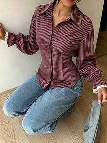 Women's Autumn Striped Collared Button-Front Shirt, Lace Cuffs Lantern Long Sleeve Tie Waist Slim Fit Blouse, Suitable For Daily Commute And Outings - Multicolor - View 4