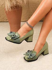 Giày cao gót Mary Jane nữ size lớn, gót vuông dày, mũi vuông, đính nơ đá rhinestone, màu xanh ô liu, phong cách vintage thời trang, kiểu preppy, phù hợp đi tiệc và đi làm - Màu xanh Ô liu - Xem 2