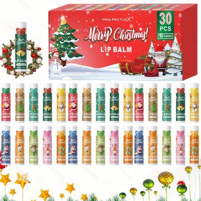 MISS FACTORX Christmas Gift Box Lip Balm Set 30PCS/Box Lip Balm Set Long-Lasting Moisturizing Brightening Lip Skin Christmas Gift Women Gift New Year Party Gift