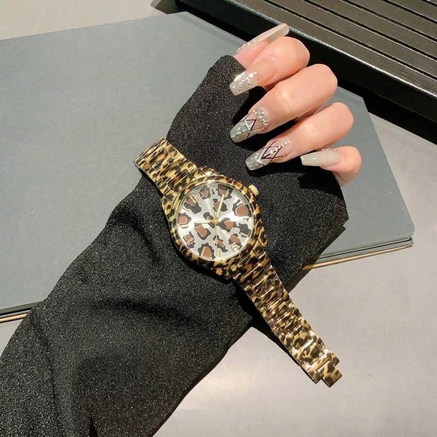 1pc Women's Luminous Design Premium Leopard Print Texture Fashion Versatile Quartz Wristwatch - Mouldless - View 1