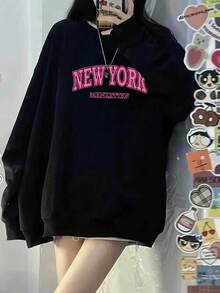 極簡大字母 NEW YORK 印花寬鬆圓領運動衫 黑色顯瘦 日常百搭 秋冬運動衫 - 黑色 - 查看 2